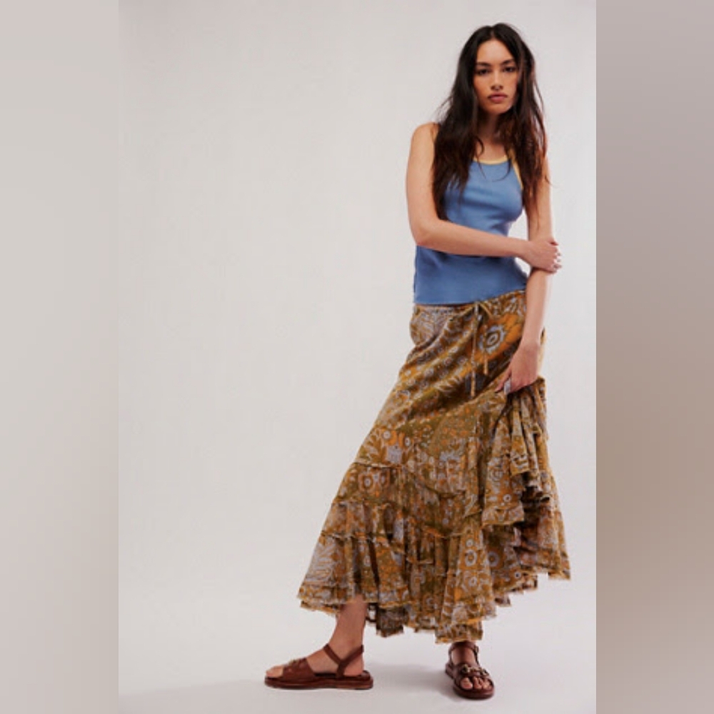 NWT Free People Calista Maxi Skirt, Olive Combo XS